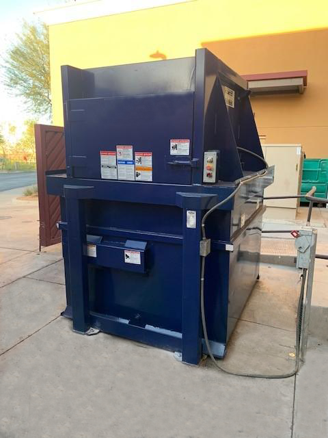 The Vertical Compactor (or Front Load/Read Load Compactor) in this picture was installed by Bakers Waste Equipment Compactor Solutions. Bakers Waste Equipment Compactor Solutions provides vertical compactors from several compactor manufacturing companies including Bakers Waste Equipment (Pinnacle), Marathon (VIP), PTR, Cram-A-lot, Harmony, and Bace.